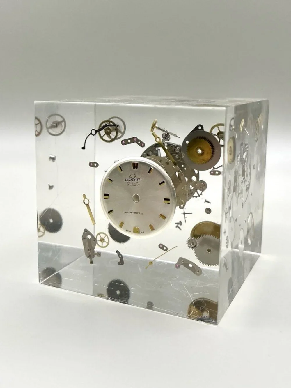 Vintage Buler De Luxe 17 Jewel Swiss Watch Movement Lucite Paperweight MCM